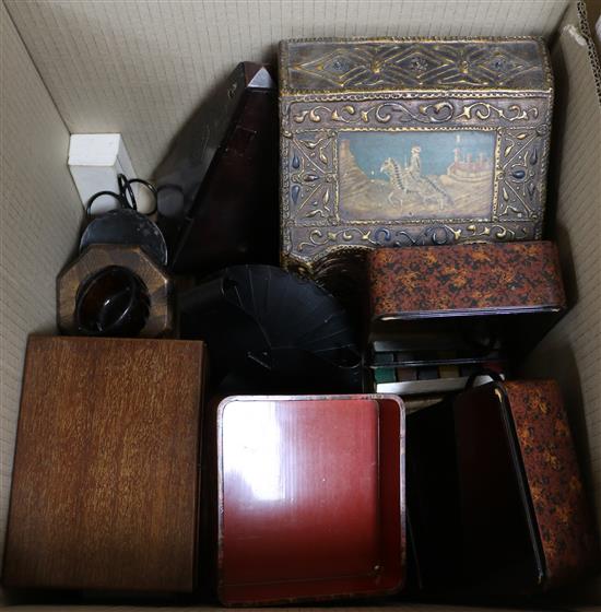 A chess set, with various boxes, gavel and treen and lacquer boxes